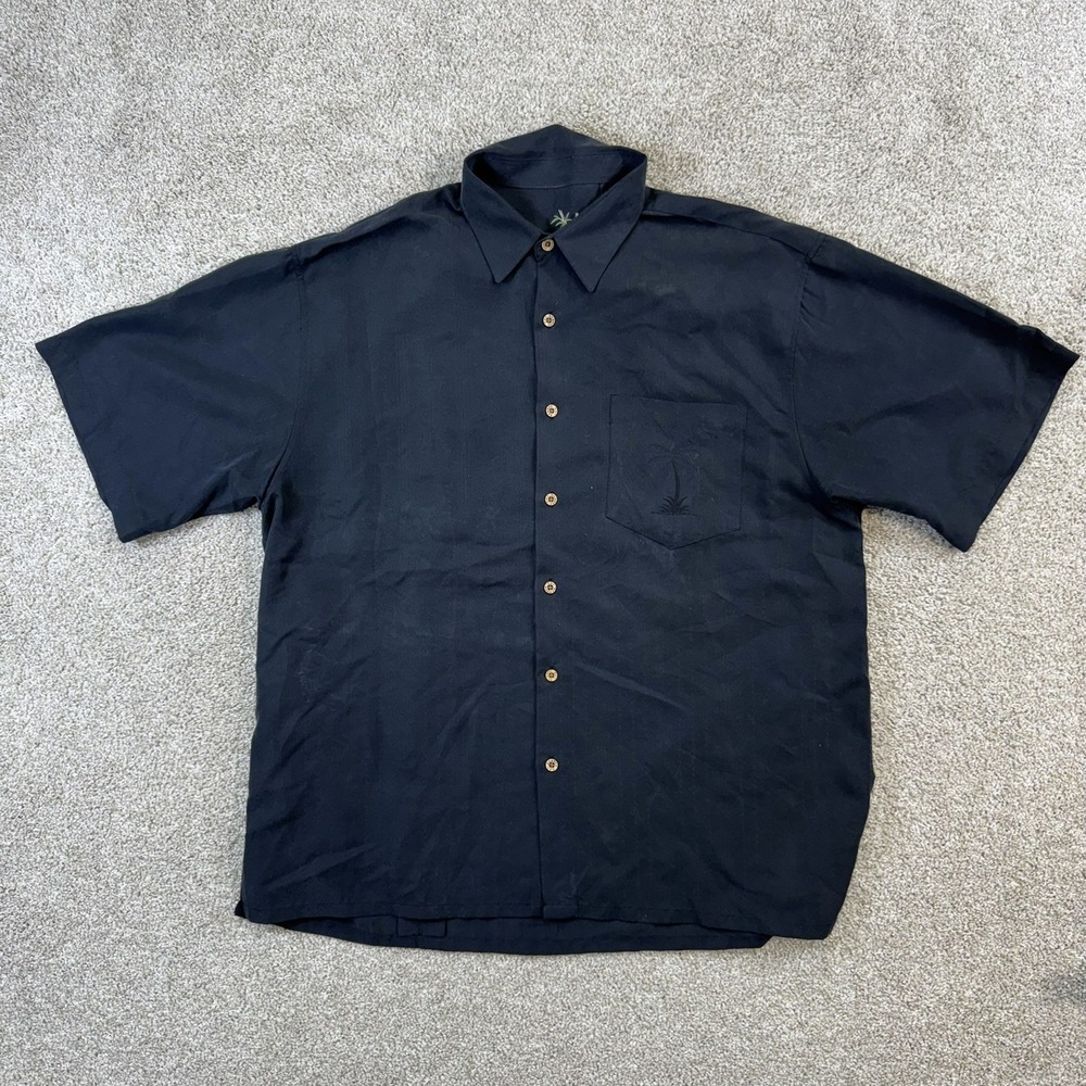 Bamboo Cay Mens XL Black Embroidered Palm Tree‎ Short Sleeve Camp Shirt Modal